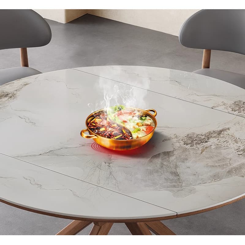 Casaconer | 伸長式セラミックダイニングテーブル・丸型・幅75~120cm・4人掛け/6人掛け・食卓テーブル・ラウンドテーブル・モダン・北欧風・大理石柄・セラミック天板・木脚・おしゃれ