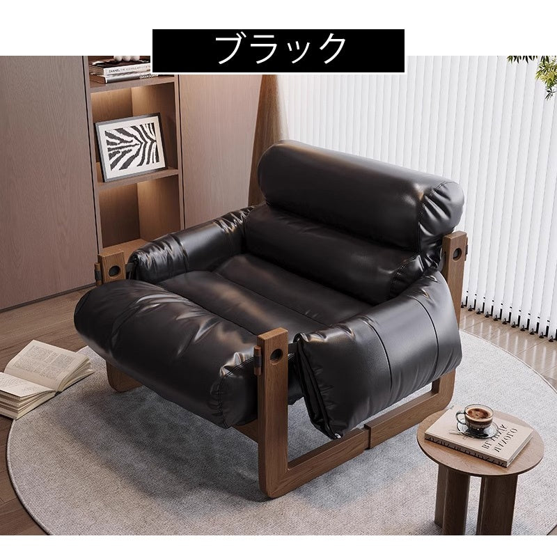 Casaconer | ソファ・一人掛け・おしゃれ・レトロデザイン・合皮レザー・クッション付き・幅84cm・奥行70cm・高さ82cm・ブラック/胡桃色・綿入り・ゆったりチェア・木製フレーム・北欧風・モダン・インテリア