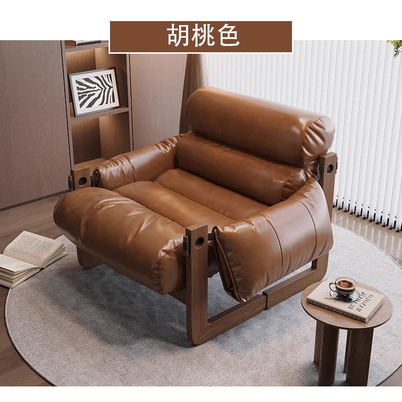 Casaconer | ソファ・一人掛け・おしゃれ・レトロデザイン・合皮レザー・クッション付き・幅84cm・奥行70cm・高さ82cm・ブラック/胡桃色・綿入り・ゆったりチェア・木製フレーム・北欧風・モダン・インテリア