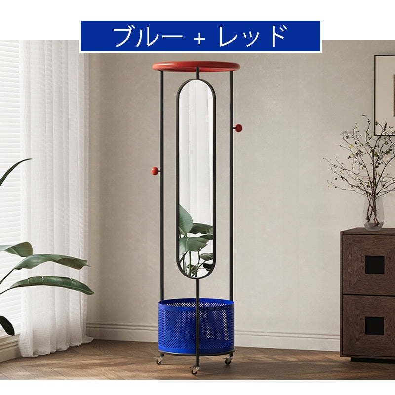 スチール製ポールハンガー 全身ミラー付き 幅50cm 高さ180cm キャスター付き 収納バスケット一体型 コートハンガー 衣類収納 サイドミラー 玄関 リビング 寝室 ブラック/ブルー/ホワイト