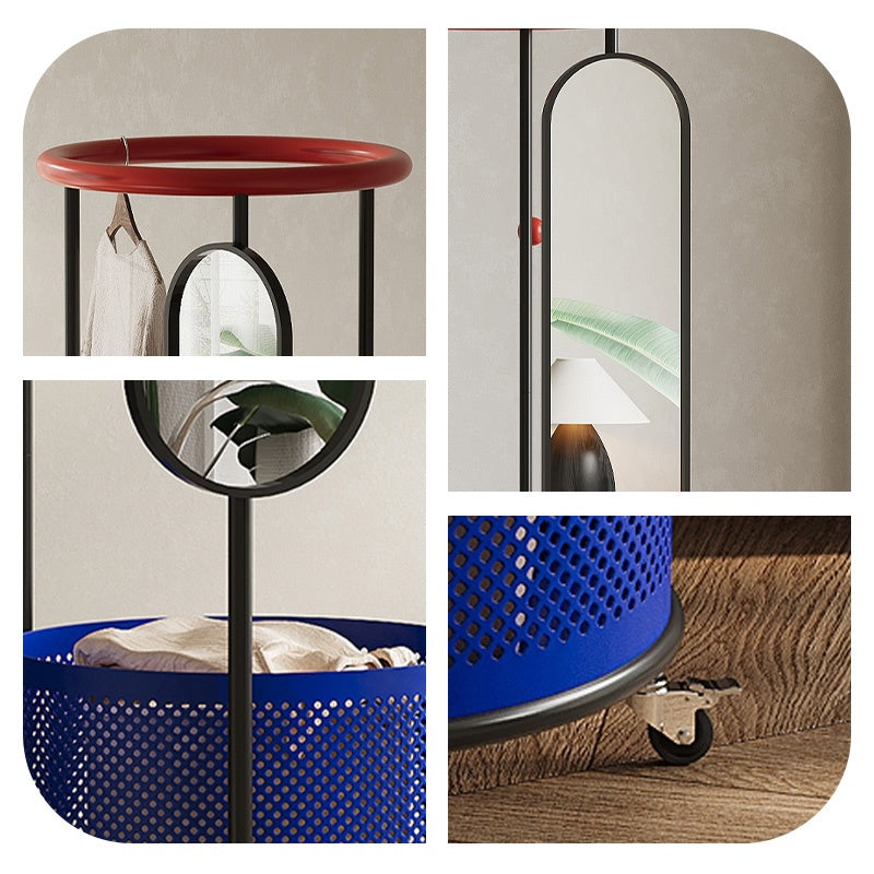 スチール製ポールハンガー 全身ミラー付き 幅50cm 高さ180cm キャスター付き 収納バスケット一体型 コートハンガー 衣類収納 サイドミラー 玄関 リビング 寝室 ブラック/ブルー/ホワイト