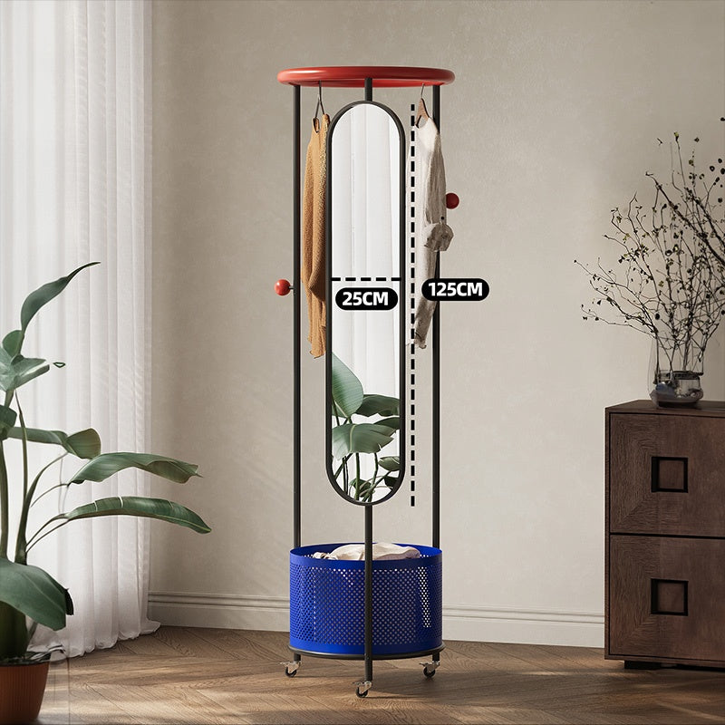 スチール製ポールハンガー 全身ミラー付き 幅50cm 高さ180cm キャスター付き 収納バスケット一体型 コートハンガー 衣類収納 サイドミラー 玄関 リビング 寝室 ブラック/ブルー/ホワイト