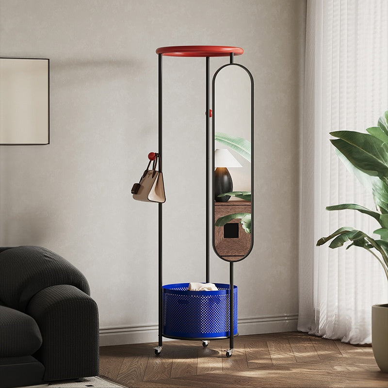 スチール製ポールハンガー 全身ミラー付き 幅50cm 高さ180cm キャスター付き 収納バスケット一体型 コートハンガー 衣類収納 サイドミラー 玄関 リビング 寝室 ブラック/ブルー/ホワイト