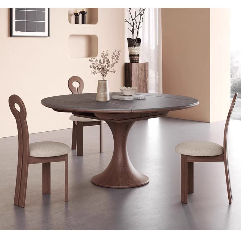 Casaconer | 伸縮式ダイニングテーブル・丸型・伸長式・幅75cm/120cm・4人掛け/6人掛け・セラミック天板・グレー系・モダン・北欧風・食卓テーブル・リビング・木製脚・おしゃれ