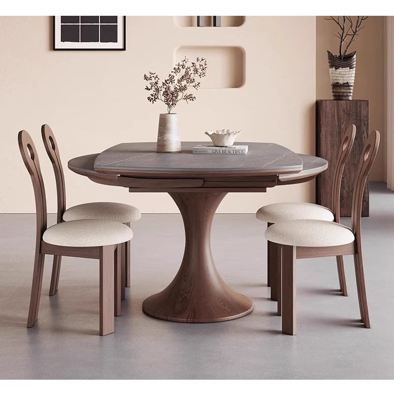 Casaconer | 伸縮式ダイニングテーブル・丸型・伸長式・幅75cm/120cm・4人掛け/6人掛け・セラミック天板・グレー系・モダン・北欧風・食卓テーブル・リビング・木製脚・おしゃれ