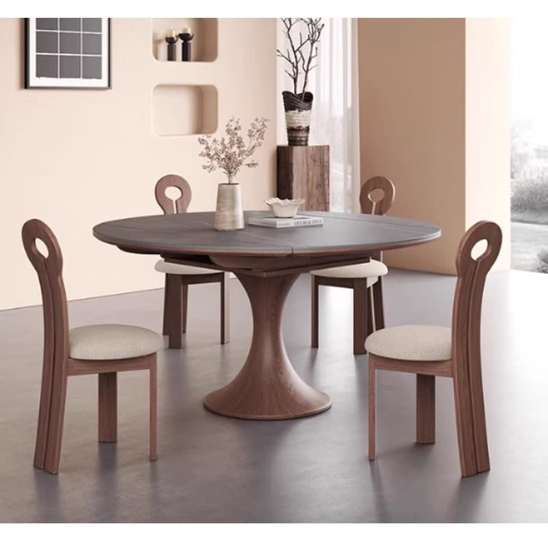 Casaconer | 伸縮式ダイニングテーブル・丸型・伸長式・幅75cm/120cm・4人掛け/6人掛け・セラミック天板・グレー系・モダン・北欧風・食卓テーブル・リビング・木製脚・おしゃれ