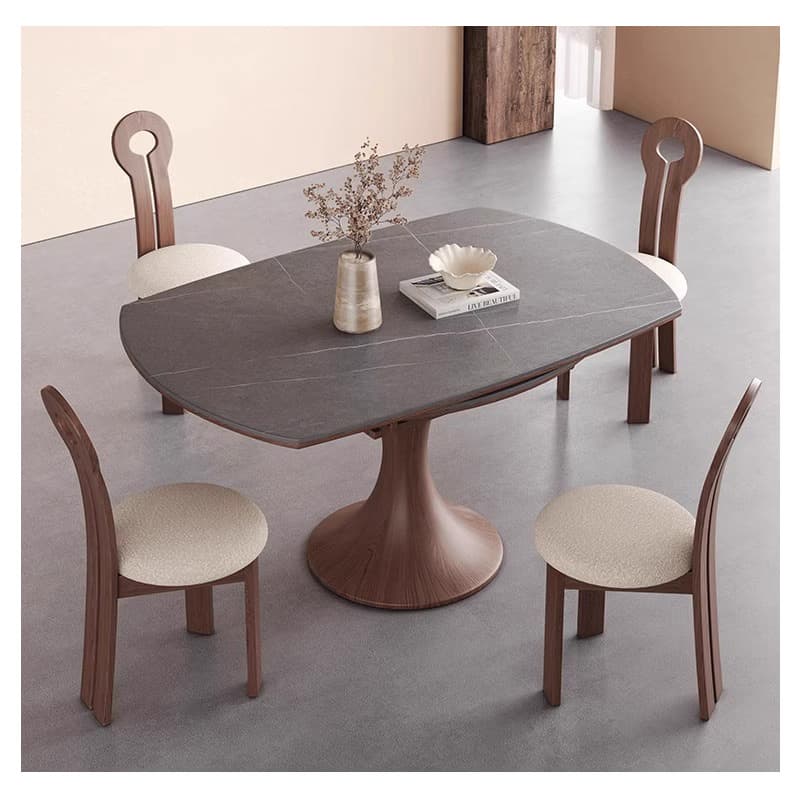 Casaconer | 伸縮式ダイニングテーブル・丸型・伸長式・幅75cm/120cm・4人掛け/6人掛け・セラミック天板・グレー系・モダン・北欧風・食卓テーブル・リビング・木製脚・おしゃれ