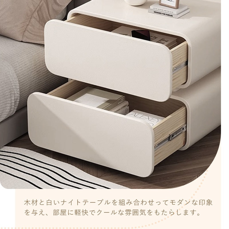 Casaconer | サイドテーブル・ナイトテーブル・合皮・寝室収納・リビング・ベッドルーム・クリーム風・フェミニン