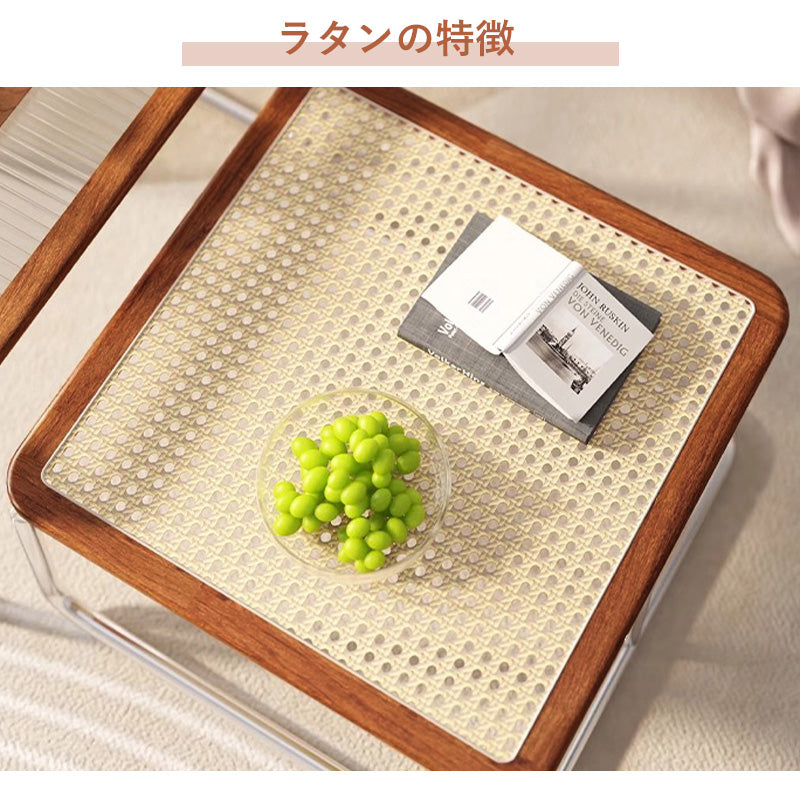 Casaconer | センターテーブル・ガラス・ラタン調・おしゃれ・北欧・モダン・ナチュラル・収納・リビングテーブル・リビング・幅55