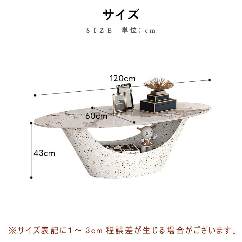 リビングテーブル セラミック調天板 幅120cm 楕円形 ローテーブル 収納付き スチール製ベース モダンデザイン 高級感 リビング向け 北欧風 ホワイト/ブラック おしゃれ シンプル