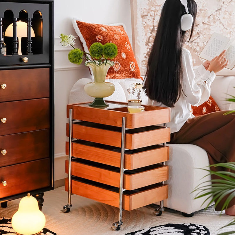 サイドテーブル・サイドワゴン・木製・キャスター付き・キッチンワゴン・ティーワゴン・おしゃれ・北欧風・収納ワゴン・トレイ付き・移動式・キッチン収納・サイドテーブル・多機能・リビング収納・茶器収納・ナチュラル/ウォルナットカラー/ブラック