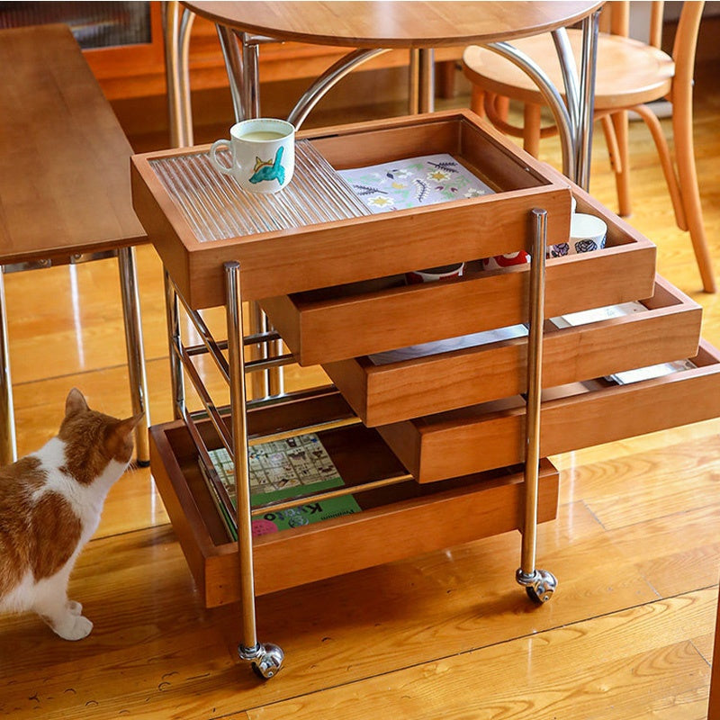 サイドテーブル・サイドワゴン・木製・キャスター付き・キッチンワゴン・ティーワゴン・おしゃれ・北欧風・収納ワゴン・トレイ付き・移動式・キッチン収納・サイドテーブル・多機能・リビング収納・茶器収納・ナチュラル/ウォルナットカラー/ブラック