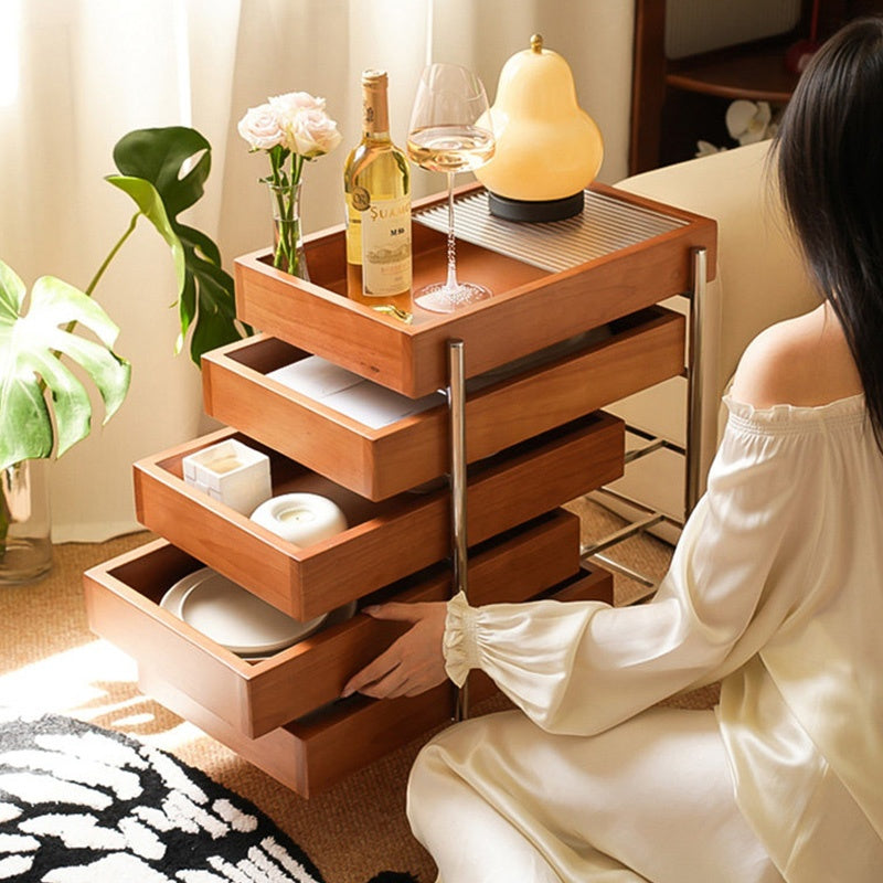 サイドテーブル・サイドワゴン・木製・キャスター付き・キッチンワゴン・ティーワゴン・おしゃれ・北欧風・収納ワゴン・トレイ付き・移動式・キッチン収納・サイドテーブル・多機能・リビング収納・茶器収納・ナチュラル/ウォルナットカラー/ブラック