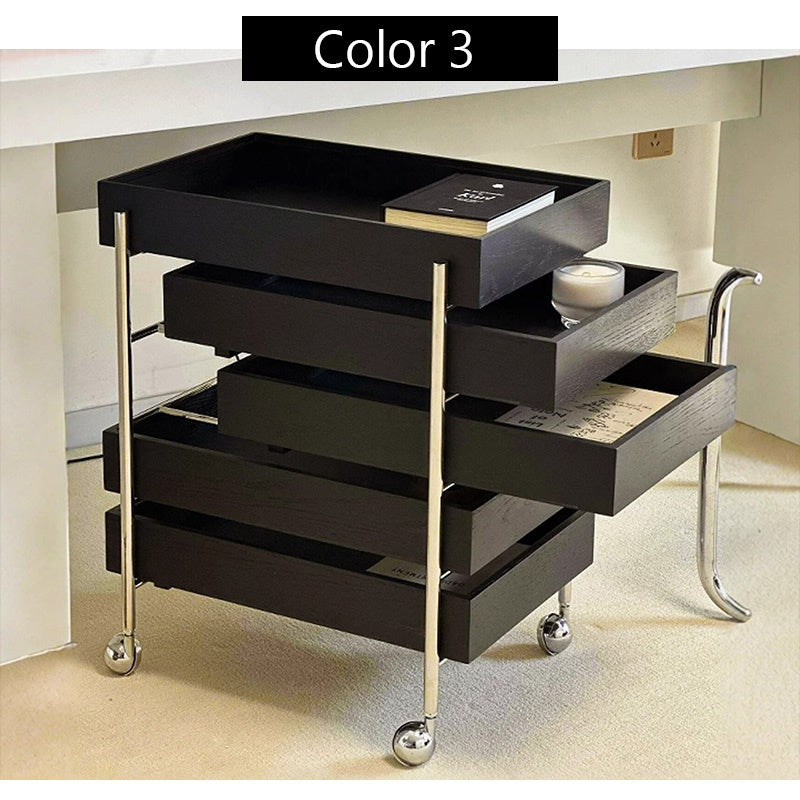 サイドテーブル・サイドワゴン・木製・キャスター付き・キッチンワゴン・ティーワゴン・おしゃれ・北欧風・収納ワゴン・トレイ付き・移動式・キッチン収納・サイドテーブル・多機能・リビング収納・茶器収納・ナチュラル/ウォルナットカラー/ブラック