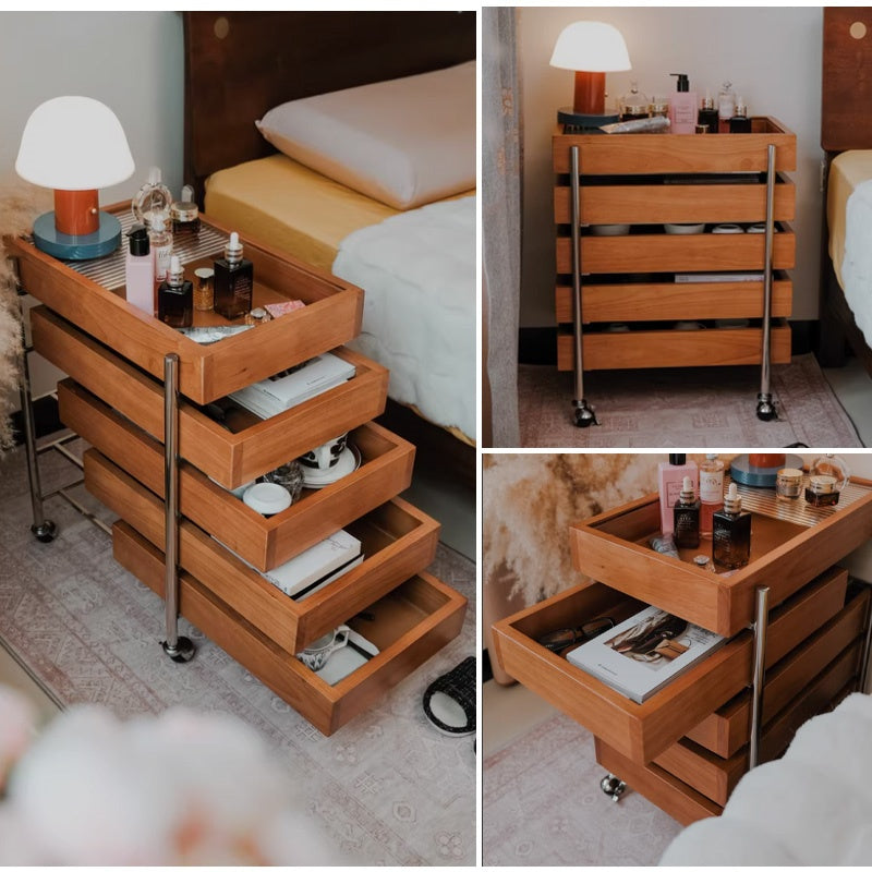 サイドテーブル・サイドワゴン・木製・キャスター付き・キッチンワゴン・ティーワゴン・おしゃれ・北欧風・収納ワゴン・トレイ付き・移動式・キッチン収納・サイドテーブル・多機能・リビング収納・茶器収納・ナチュラル/ウォルナットカラー/ブラック