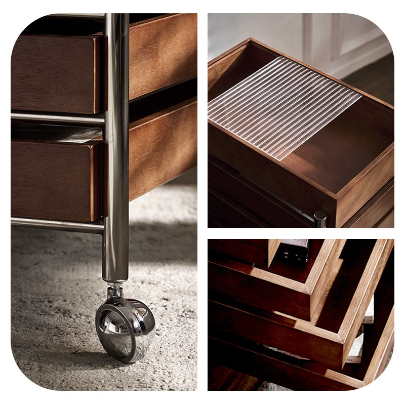 サイドテーブル・サイドワゴン・木製・キャスター付き・キッチンワゴン・ティーワゴン・おしゃれ・北欧風・収納ワゴン・トレイ付き・移動式・キッチン収納・サイドテーブル・多機能・リビング収納・茶器収納・ナチュラル/ウォルナットカラー/ブラック