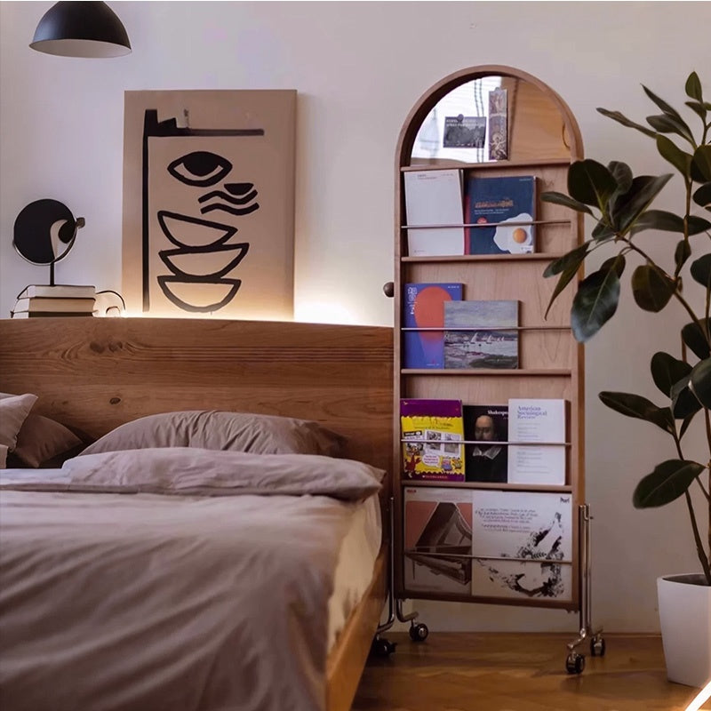 Casaconer | 姿見ミラー付きマガジンラック・全身鏡付き収納・キャスター付き・スタンドミラー・書類収納付き・移動式ワゴン・回転式ミラー・木製・ウォールナット/ナチュラル/ブラック・おしゃれ・一人暮らし・北欧風