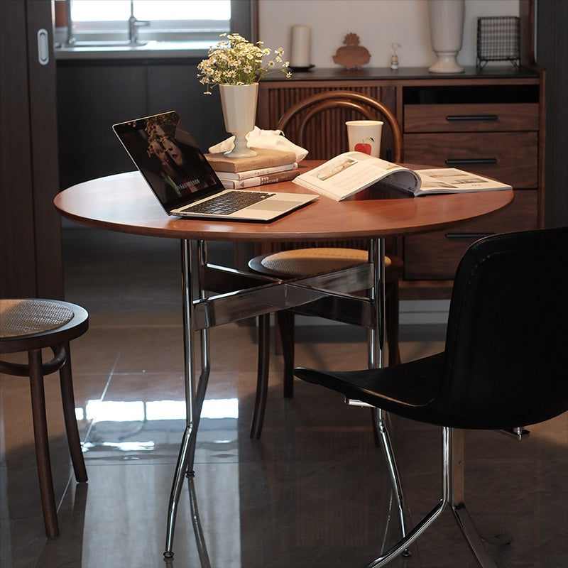 Casaconer | ダイニングテーブル・無垢材天板・スチール脚・円型・食卓テーブル・直径80cm/100cm・4人・6人掛け・おしゃれ・モダン・ナチュラル/ウォルナットカラー・リビング・お手入れ・耐摩耗・艶消し・丸テーブル