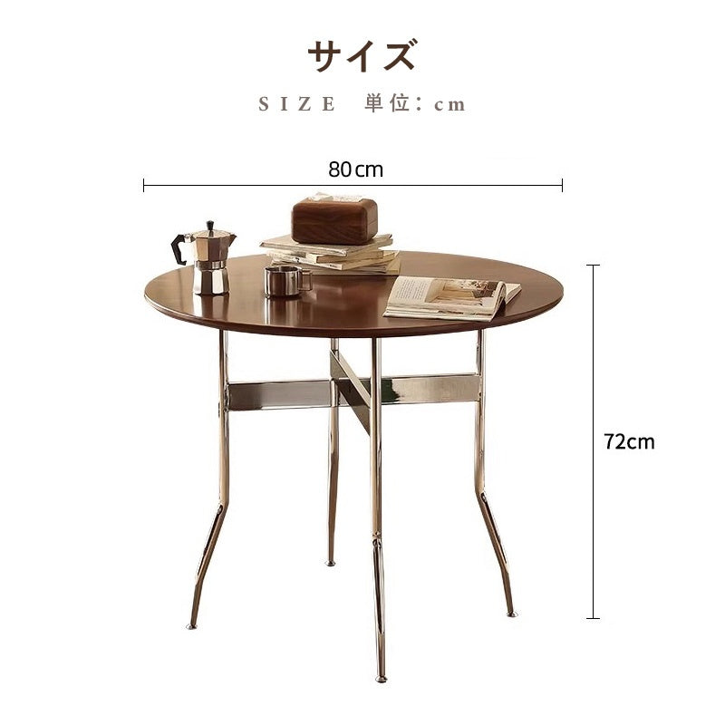 Casaconer | ダイニングテーブル・無垢材天板・スチール脚・円型・食卓テーブル・直径80cm/100cm・4人・6人掛け・おしゃれ・モダン・ナチュラル/ウォルナットカラー・リビング・お手入れ・耐摩耗・艶消し・丸テーブル