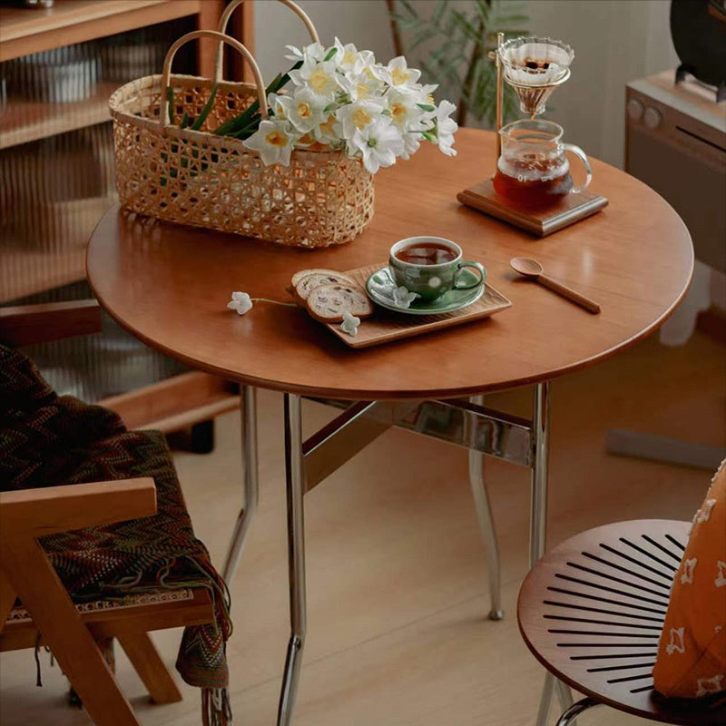 Casaconer | ダイニングテーブル・無垢材天板・スチール脚・円型・食卓テーブル・直径80cm/100cm・4人・6人掛け・おしゃれ・モダン・ナチュラル/ウォルナットカラー・リビング・お手入れ・耐摩耗・艶消し・丸テーブル
