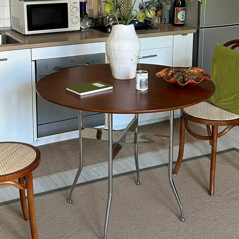 Casaconer | ダイニングテーブル・無垢材天板・スチール脚・円型・食卓テーブル・直径80cm/100cm・4人・6人掛け・おしゃれ・モダン・ナチュラル/ウォルナットカラー・リビング・お手入れ・耐摩耗・艶消し・丸テーブル