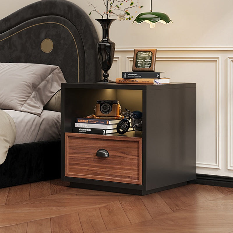 スチール製 ベッドサイドテーブル 収納付き レトロ風 小型 サイドキャビネット 引き出し1段 寝室用 ホワイト 木目調 北欧風 ミニキャビネット コンパクト 省スペース ナイトテーブル 家具