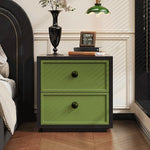 スチール製 ベッドサイドテーブル レトロ風 2段引き出し コンパクト 省スペース 収納サイドキャビネット 寝室用 木目調 グリーン 小型 ナイトテーブル 家具 ミニキャビネット