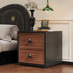 スチール製 ベッドサイドテーブル レトロ風 2段引き出し コンパクト 省スペース 収納サイドキャビネット 寝室用 木目調 グリーン 小型 ナイトテーブル 家具 ミニキャビネット