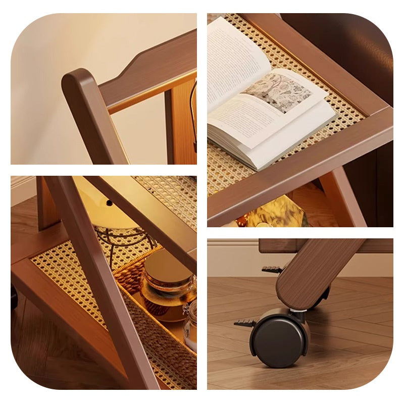 Casaconer | 折りたたみサイドワゴン・キャスター付き・収納ワゴン・ラタン調天板・竹製・多機能ワゴン・2段/3段タイプ・ウォルナットカラー・おしゃれ・キッチンワゴン・ブックワゴン・サイドテーブル・コンパクト収納