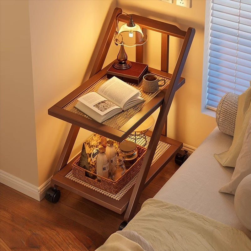 Casaconer | 折りたたみサイドワゴン・キャスター付き・収納ワゴン・ラタン調天板・竹製・多機能ワゴン・2段/3段タイプ・ウォルナットカラー・おしゃれ・キッチンワゴン・ブックワゴン・サイドテーブル・コンパクト収納