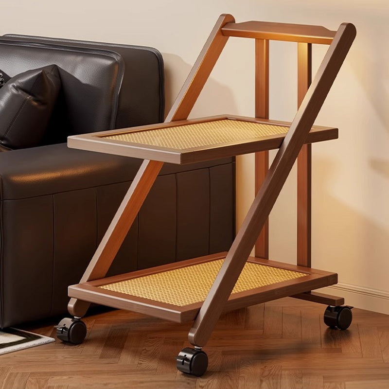 Casaconer | 折りたたみサイドワゴン・キャスター付き・収納ワゴン・ラタン調天板・竹製・多機能ワゴン・2段/3段タイプ・ウォルナットカラー・おしゃれ・キッチンワゴン・ブックワゴン・サイドテーブル・コンパクト収納