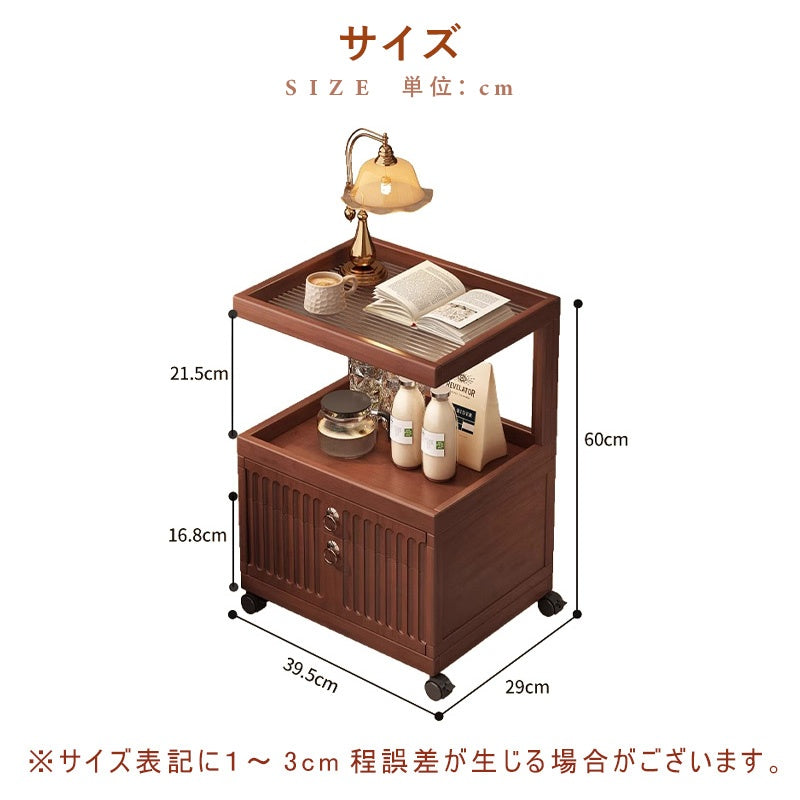 Casaconer | ナイトテーブル・サイドテーブル・キャスター付き・引き出し収納付き・アクリル天板・竹製・おしゃれ・ミニワゴン・サイドワゴン・ベッドサイドテーブル・60cm高さ・ウォルナットカラー・コンパクト・寝室用