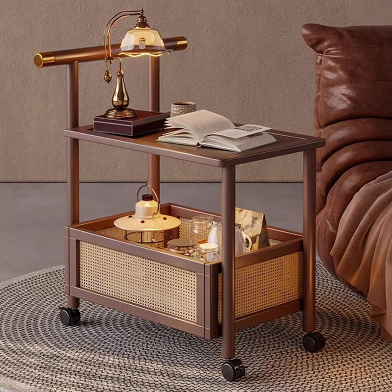 Casaconer | サイドワゴン・ティーワゴン・ラタン調収納・キャスター付き・サイドテーブル・幅70cm・ヴィンテージ風・ウォルナットカラー・コンパクト・多機能・収納棚付き・ワゴンテーブル