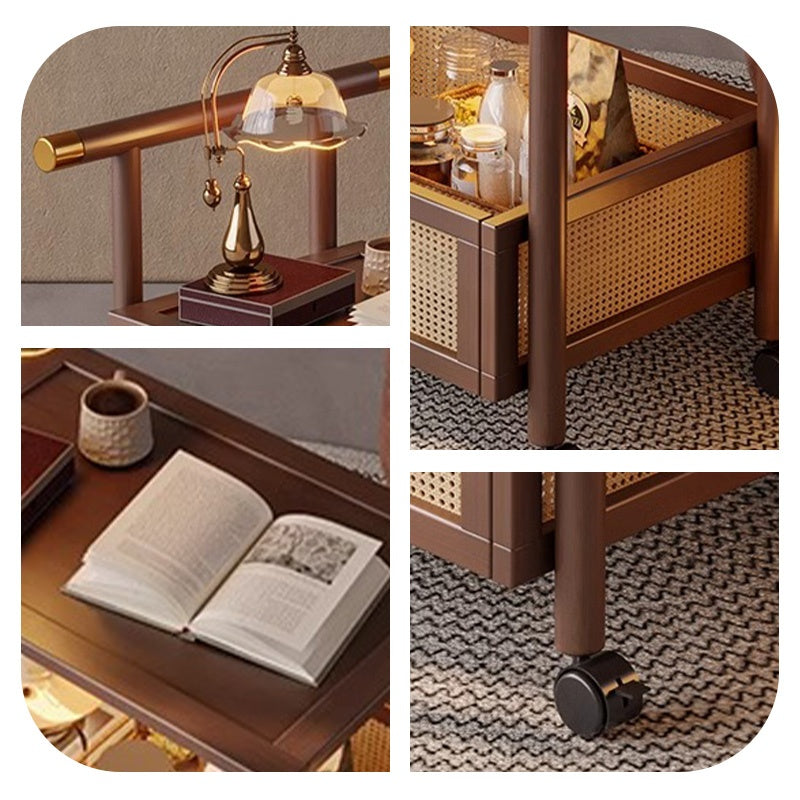 Casaconer | サイドワゴン・ティーワゴン・ラタン調収納・キャスター付き・サイドテーブル・幅70cm・ヴィンテージ風・ウォルナットカラー・コンパクト・多機能・収納棚付き・ワゴンテーブル