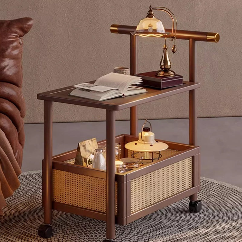 Casaconer | サイドワゴン・ティーワゴン・ラタン調収納・キャスター付き・サイドテーブル・幅70cm・ヴィンテージ風・ウォルナットカラー・コンパクト・多機能・収納棚付き・ワゴンテーブル