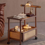 Casaconer | サイドワゴン・ティーワゴン・ラタン調収納・キャスター付き・サイドテーブル・幅70cm・ヴィンテージ風・ウォルナットカラー・コンパクト・多機能・収納棚付き・ワゴンテーブル