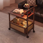 Casaconer | サイドワゴン・ティーワゴン・ラタン調収納・キャスター付き・サイドテーブル・幅70cm・ヴィンテージ風・ウォルナットカラー・コンパクト・多機能・収納棚付き・ワゴンテーブル