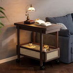 Casaconer | 折りたたみサイドテーブル・キャスター付き・拡張天板・ラタン調収納付き・ワゴンテーブル・センターテーブル・竹製・幅66cm・高さ65cm・ウォルナットカラー・多機能・おしゃれ・コンパクト収納