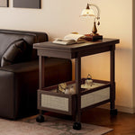 Casaconer | 折りたたみサイドテーブル・キャスター付き・拡張天板・ラタン調収納付き・ワゴンテーブル・センターテーブル・竹製・幅66cm・高さ65cm・ウォルナットカラー・多機能・おしゃれ・コンパクト収納