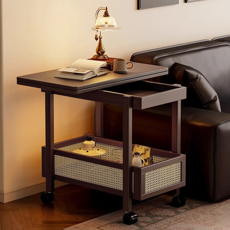 Casaconer | 折りたたみサイドテーブル・キャスター付き・拡張天板・ラタン調収納付き・ワゴンテーブル・センターテーブル・竹製・幅66cm・高さ65cm・ウォルナットカラー・多機能・おしゃれ・コンパクト収納