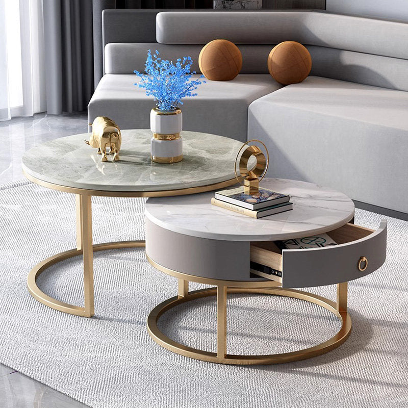 Casaconer | テーブル・ローテーブル・ネストテーブル・センターテーブル・丸・2個セット・セラミックテーブル・入れ子式・幅60cm・幅45cm・グレー・リビングテーブル・コーヒーテーブル・サイドテーブル・座卓・収納付・引出付・大理石調・丸・円形・鏡面