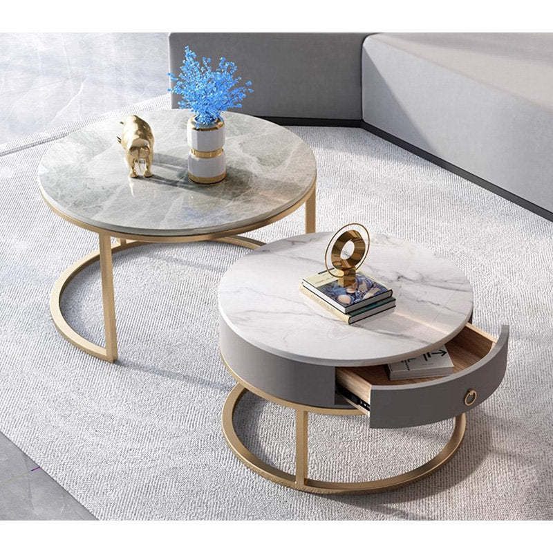 Casaconer | テーブル・ローテーブル・ネストテーブル・センターテーブル・丸・2個セット・セラミックテーブル・入れ子式・幅60cm・幅45cm・グレー・リビングテーブル・コーヒーテーブル・サイドテーブル・座卓・収納付・引出付・大理石調・丸・円形・鏡面