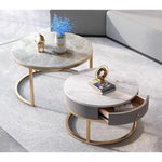 Casaconer | テーブル・ローテーブル・ネストテーブル・センターテーブル・丸・2個セット・セラミックテーブル・入れ子式・幅60cm・幅45cm・グレー・リビングテーブル・コーヒーテーブル・サイドテーブル・座卓・収納付・引出付・大理石調・丸・円形・鏡面