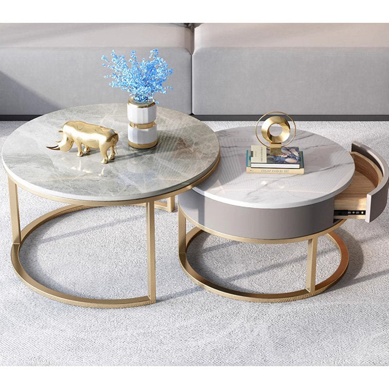 Casaconer | テーブル・ローテーブル・ネストテーブル・センターテーブル・丸・2個セット・セラミックテーブル・入れ子式・幅60cm・幅45cm・グレー・リビングテーブル・コーヒーテーブル・サイドテーブル・座卓・収納付・引出付・大理石調・丸・円形・鏡面