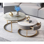 Casaconer | テーブル・ローテーブル・ネストテーブル・センターテーブル・丸・2個セット・セラミックテーブル・入れ子式・幅60cm・幅45cm・グレー・リビングテーブル・コーヒーテーブル・サイドテーブル・座卓・収納付・引出付・大理石調・丸・円形・鏡面