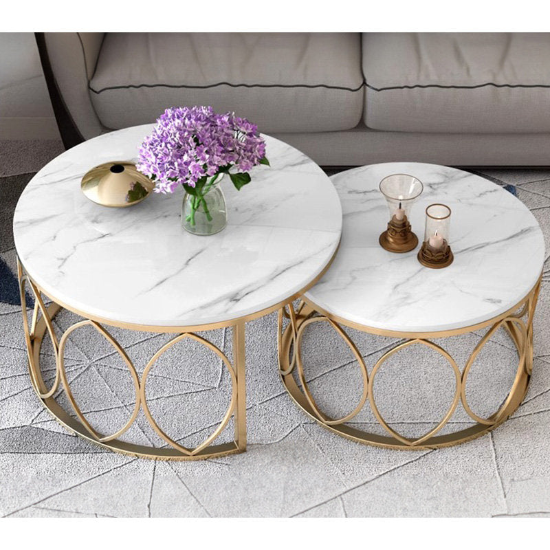 Casaconer | テーブル・ローテーブル・ネストテーブル・センターテーブル・2個セット・セラミックテーブル・入れ子式・幅70cm・幅50cm・ホワイト・リビングテーブル・コーヒーテーブル・サイドテーブル・座卓・収納付・引出付・大理石調・丸・円形・鏡面