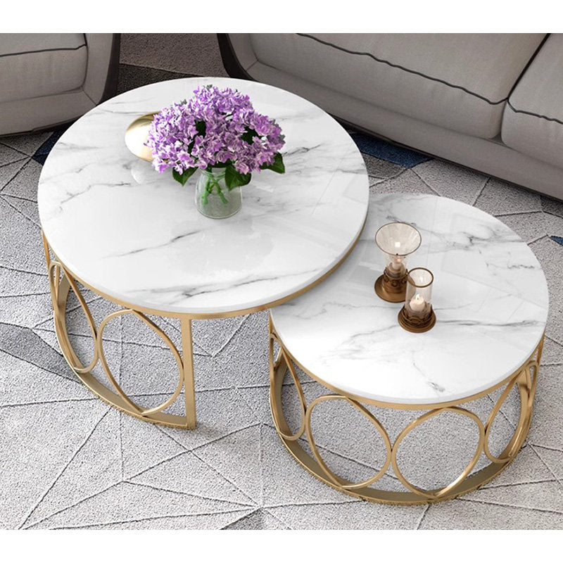 Casaconer | テーブル・ローテーブル・ネストテーブル・センターテーブル・2個セット・セラミックテーブル・入れ子式・幅70cm・幅50cm・ホワイト・リビングテーブル・コーヒーテーブル・サイドテーブル・座卓・収納付・引出付・大理石調・丸・円形・鏡面