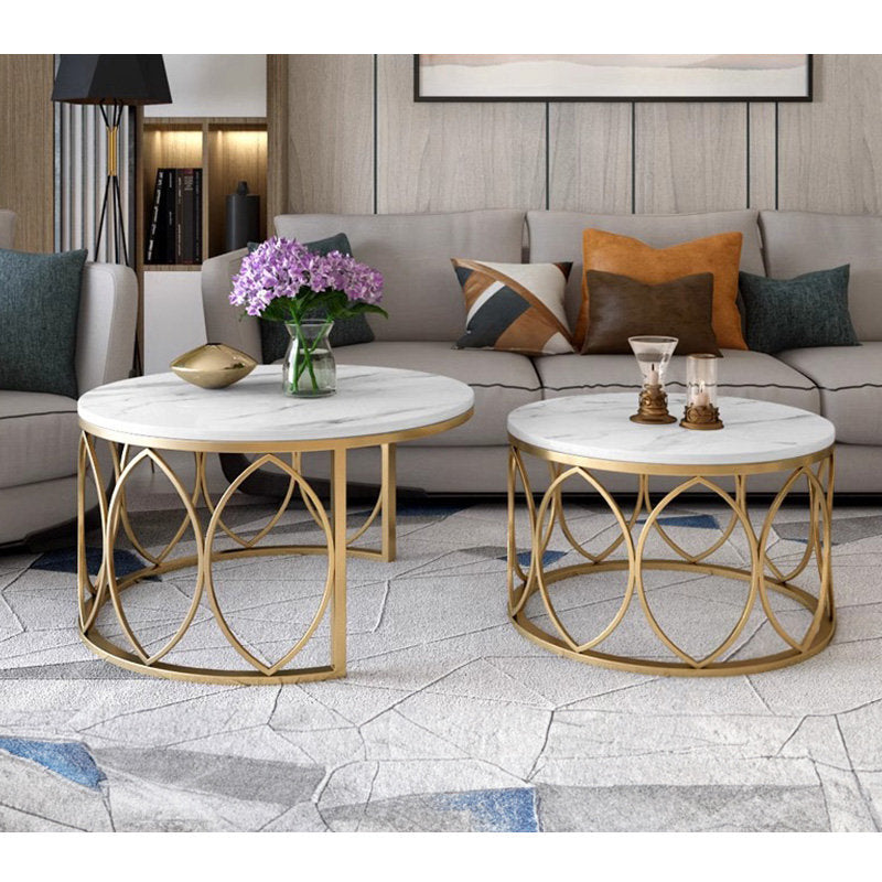 Casaconer | テーブル・ローテーブル・ネストテーブル・センターテーブル・2個セット・セラミックテーブル・入れ子式・幅70cm・幅50cm・ホワイト・リビングテーブル・コーヒーテーブル・サイドテーブル・座卓・収納付・引出付・大理石調・丸・円形・鏡面