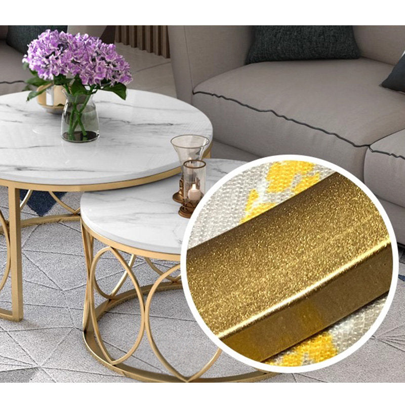 Casaconer | テーブル・ローテーブル・ネストテーブル・センターテーブル・2個セット・セラミックテーブル・入れ子式・幅70cm・幅50cm・ホワイト・リビングテーブル・コーヒーテーブル・サイドテーブル・座卓・収納付・引出付・大理石調・丸・円形・鏡面