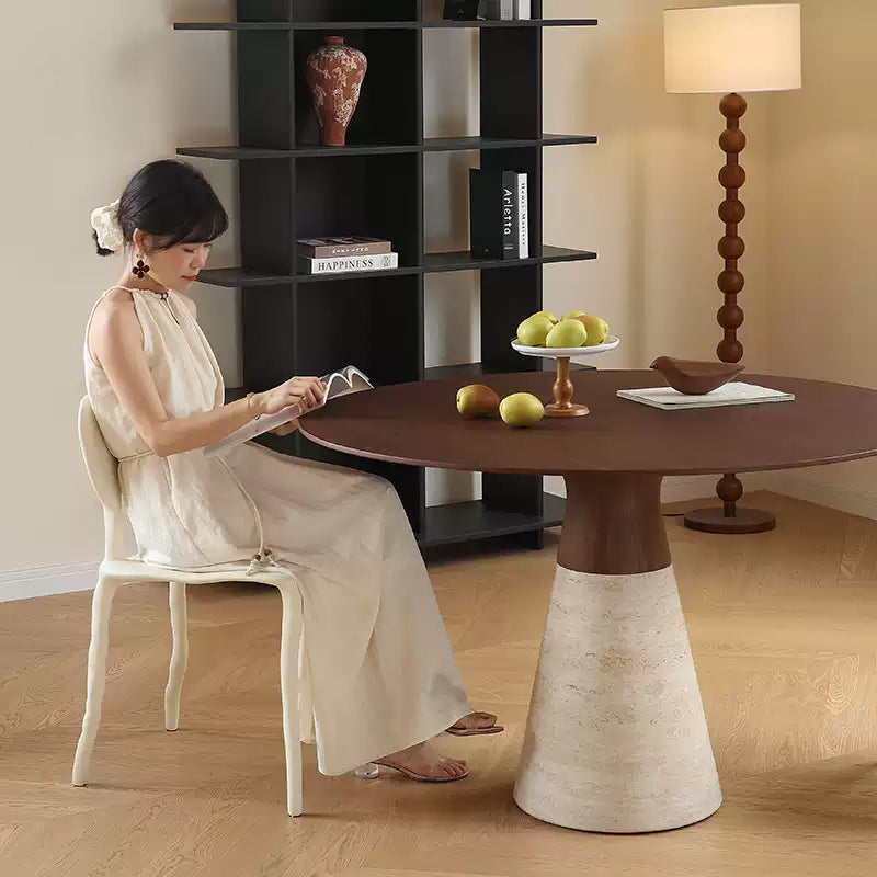 Casaconer | 無垢材ダイニングテーブル・天然石調ベース・丸食卓・高さ75cm・2人/4人/6人掛け・おしゃれ